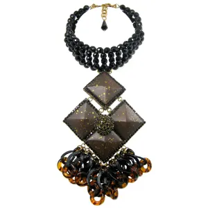 #861n Jet Bead Choker With Espresso/Gold Wood, Jet Rhinestone, & Chain Fringed Pendant