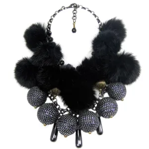 #877n Mixed Metal Bead, Jet Bead, Chain & Fur Pom Pom Bib Necklace