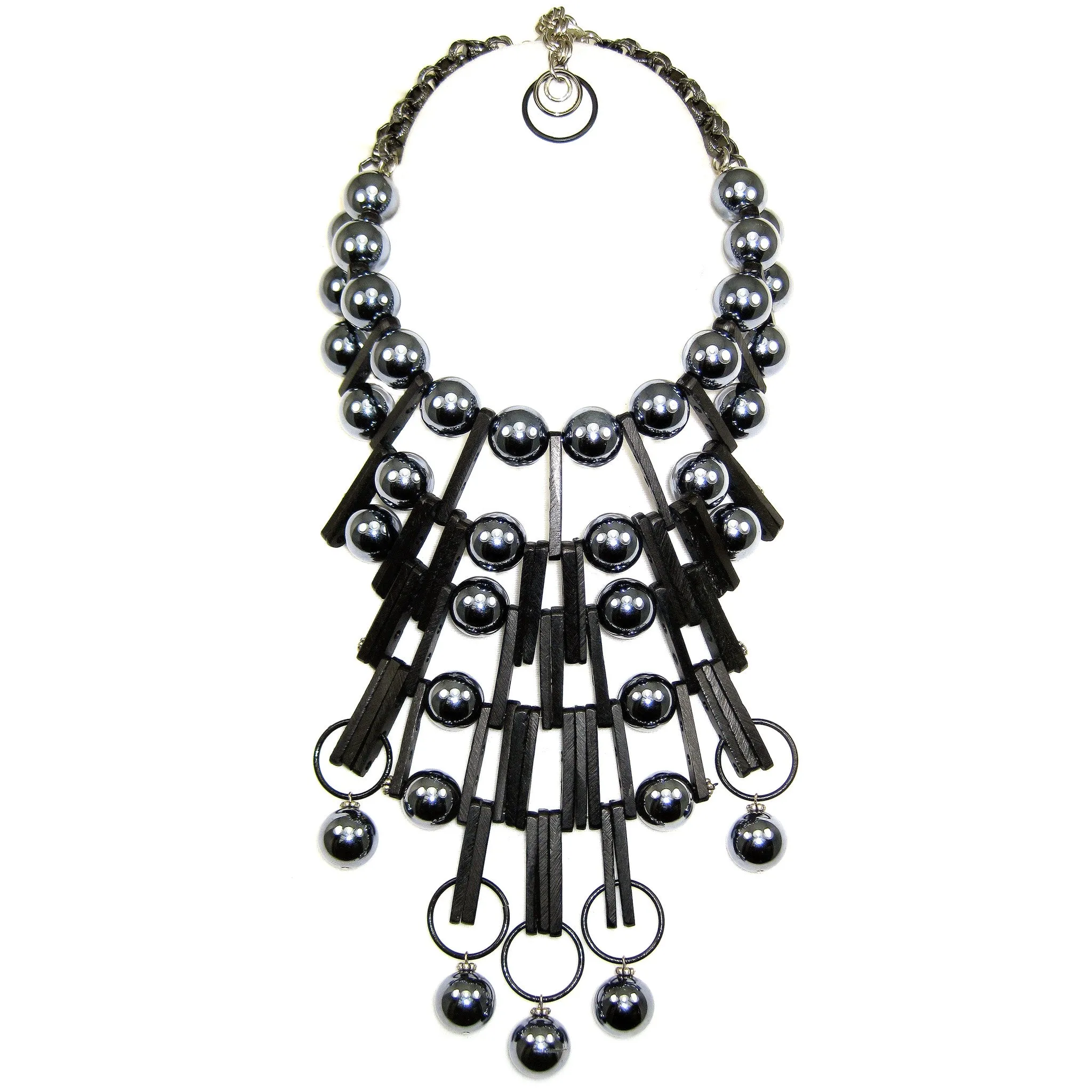 #992n Gunmetal & Black Architecture-Inspired Statement Bib Necklace