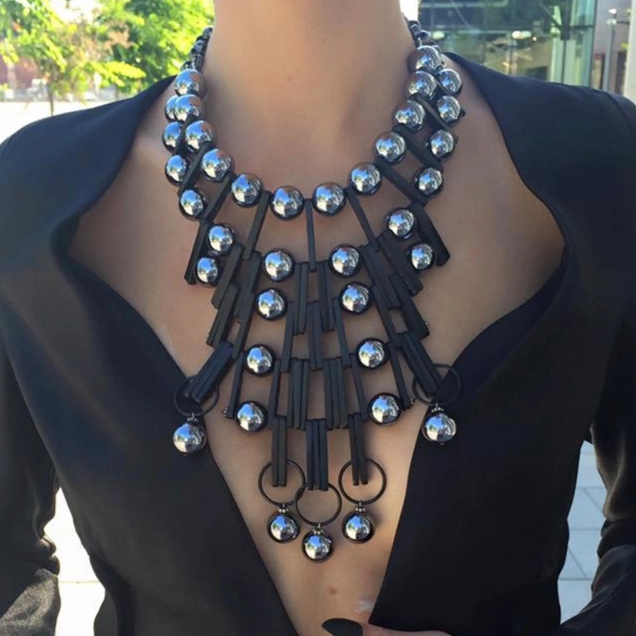 #992n Gunmetal & Black Architecture-Inspired Statement Bib Necklace