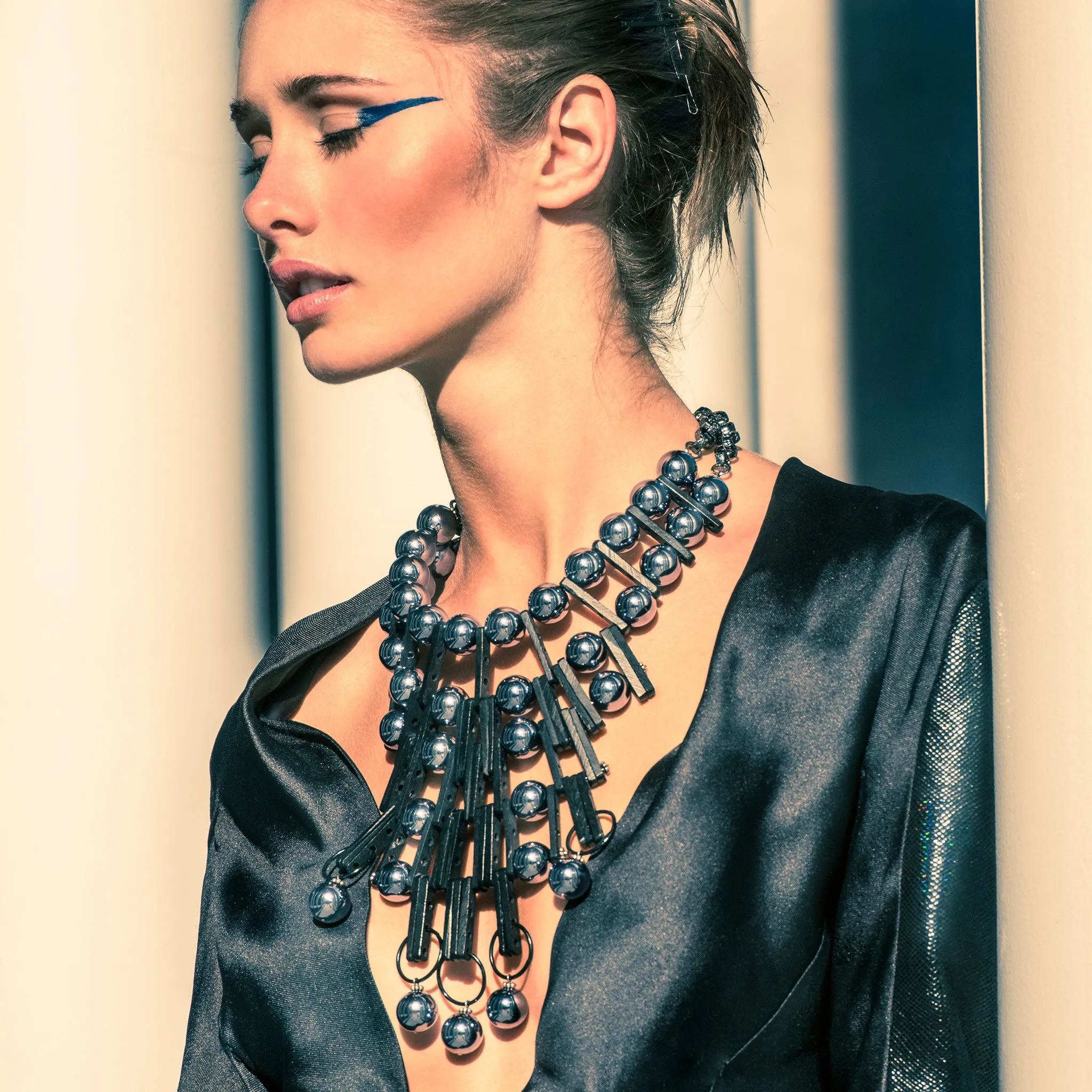 #992n Gunmetal & Black Architecture-Inspired Statement Bib Necklace