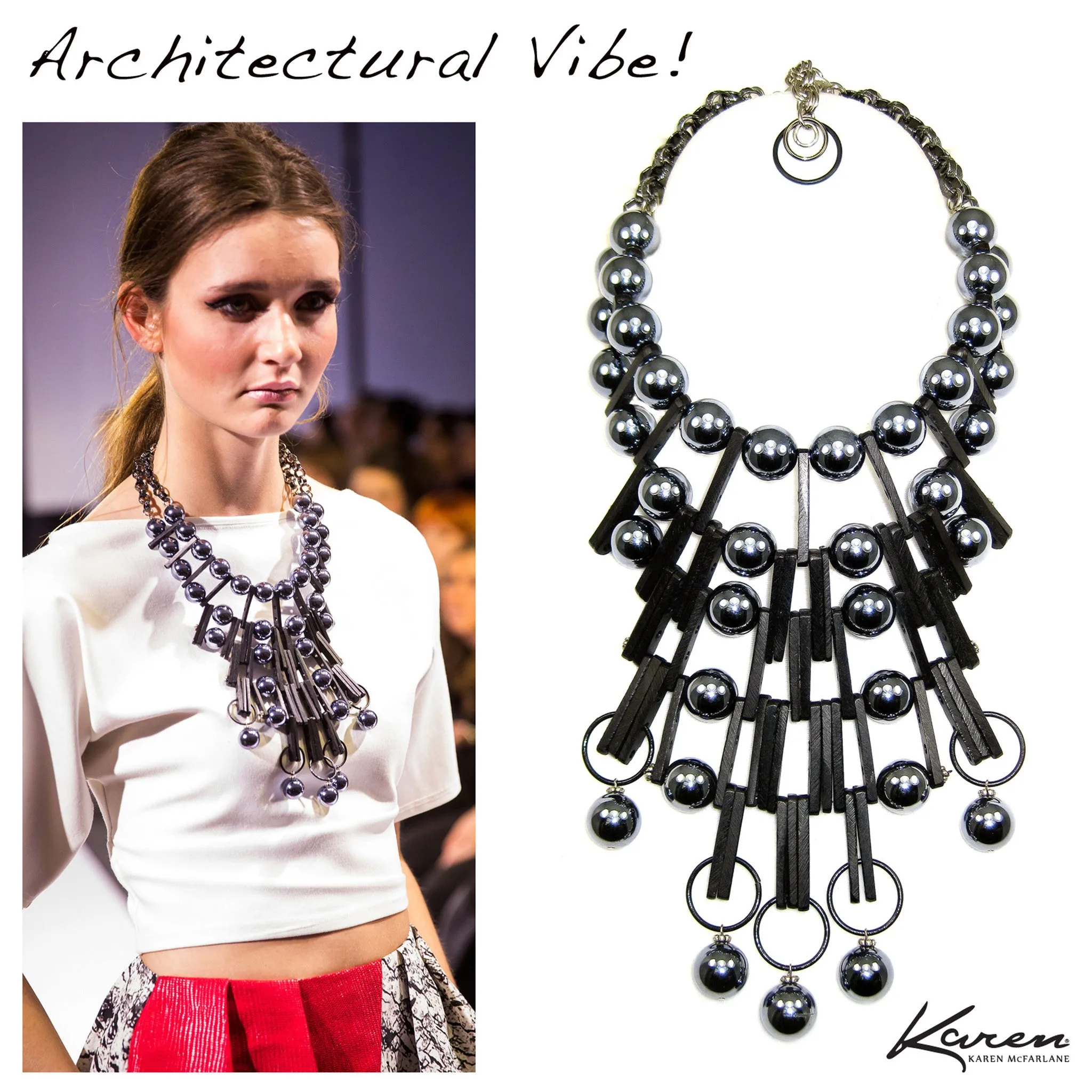#992n Gunmetal & Black Architecture-Inspired Statement Bib Necklace
