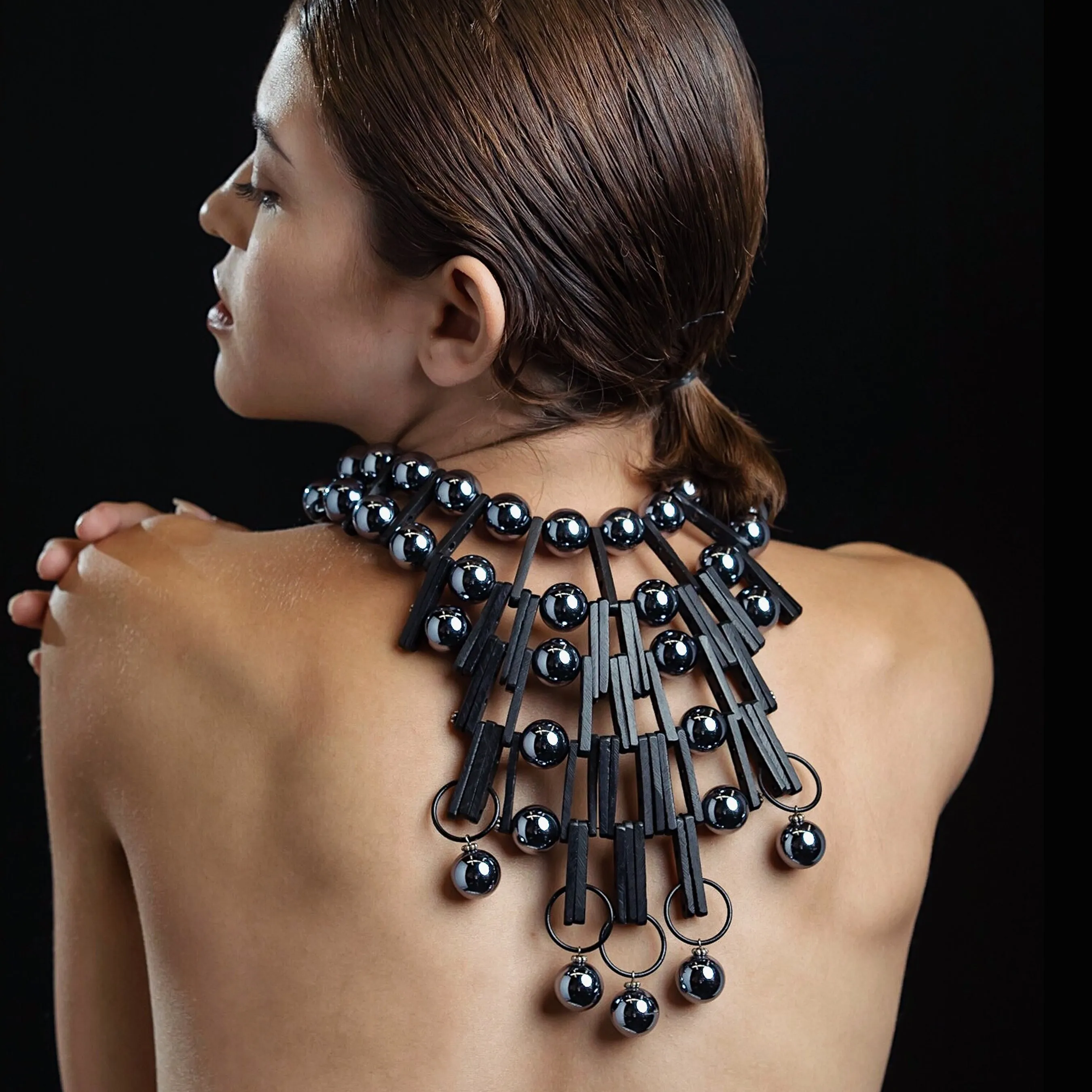 #992n Gunmetal & Black Architecture-Inspired Statement Bib Necklace