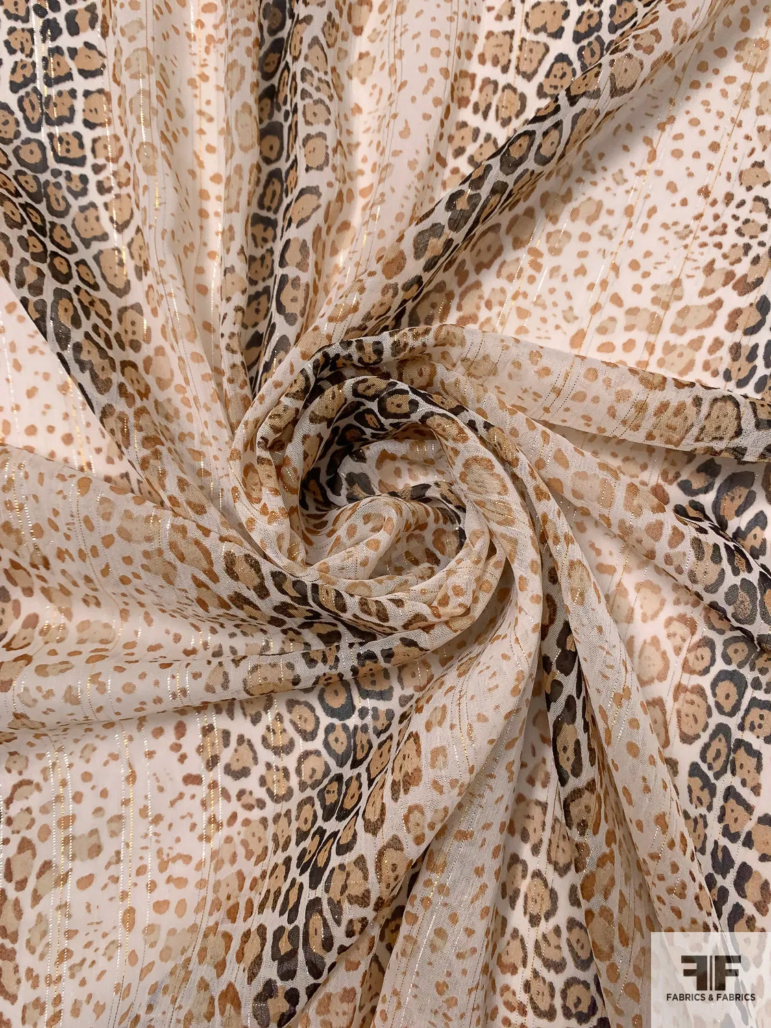 Animal Pattern Printed Polyester Chiffon with Lurex Pinstripes - Caramel / Brown / Black / Off-White / Gold / Silver