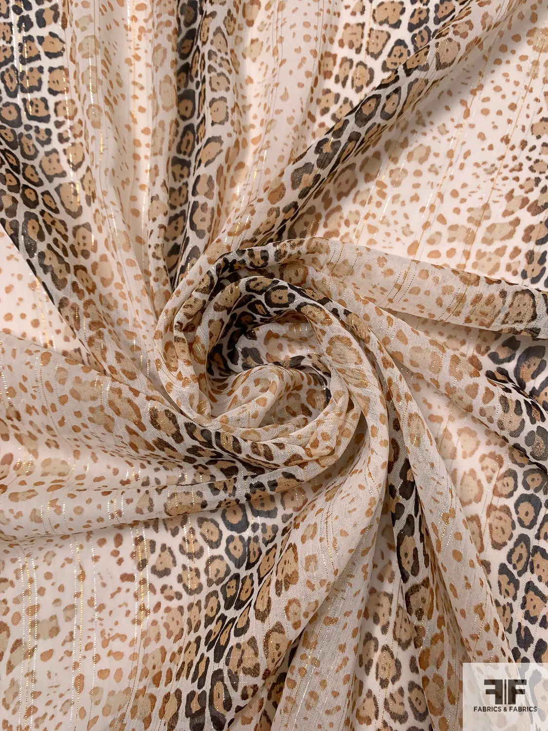 Animal Pattern Printed Polyester Chiffon with Lurex Pinstripes - Caramel / Brown / Black / Off-White / Gold / Silver