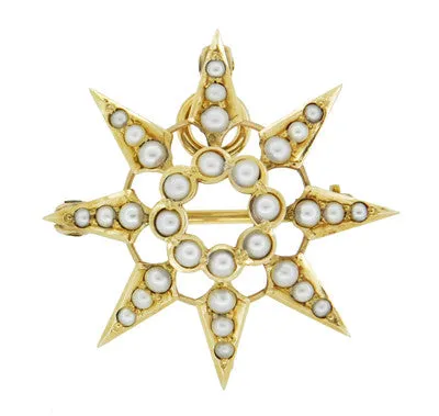 Antique Victorian Seed Pearl Starburst Pendant Brooch 14 Karat Yellow Gold