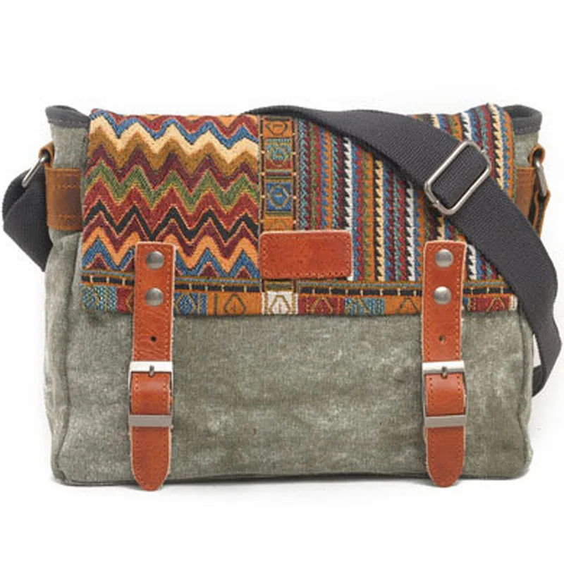 Bohemian Canvas Messenger Bag Crossbody Bag Patchwork Sling Bag