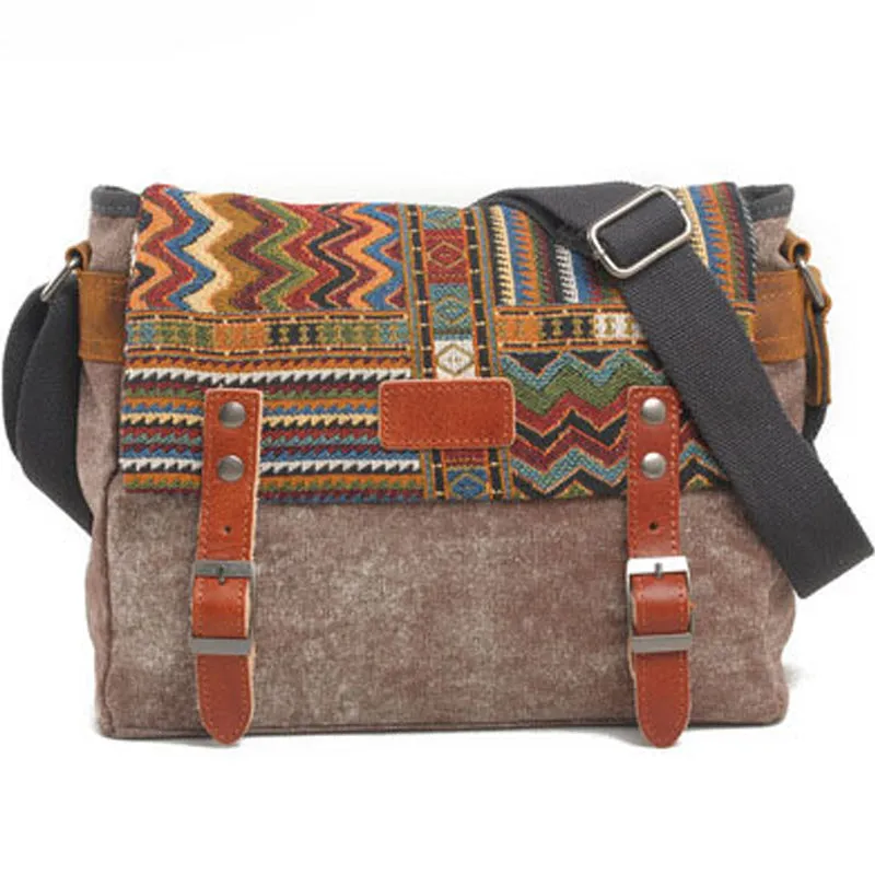 Bohemian Canvas Messenger Bag Crossbody Bag Patchwork Sling Bag