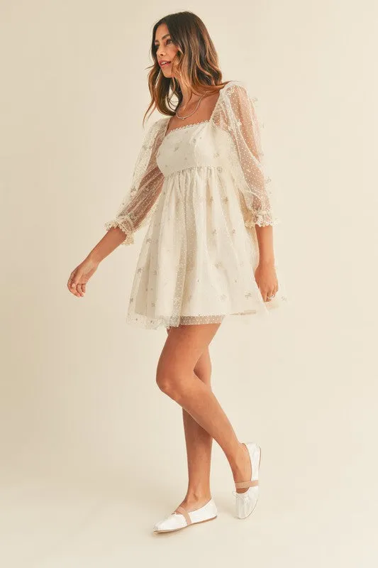 Caine Ribbon Print Swiss Dot Baby Doll Dress Cream