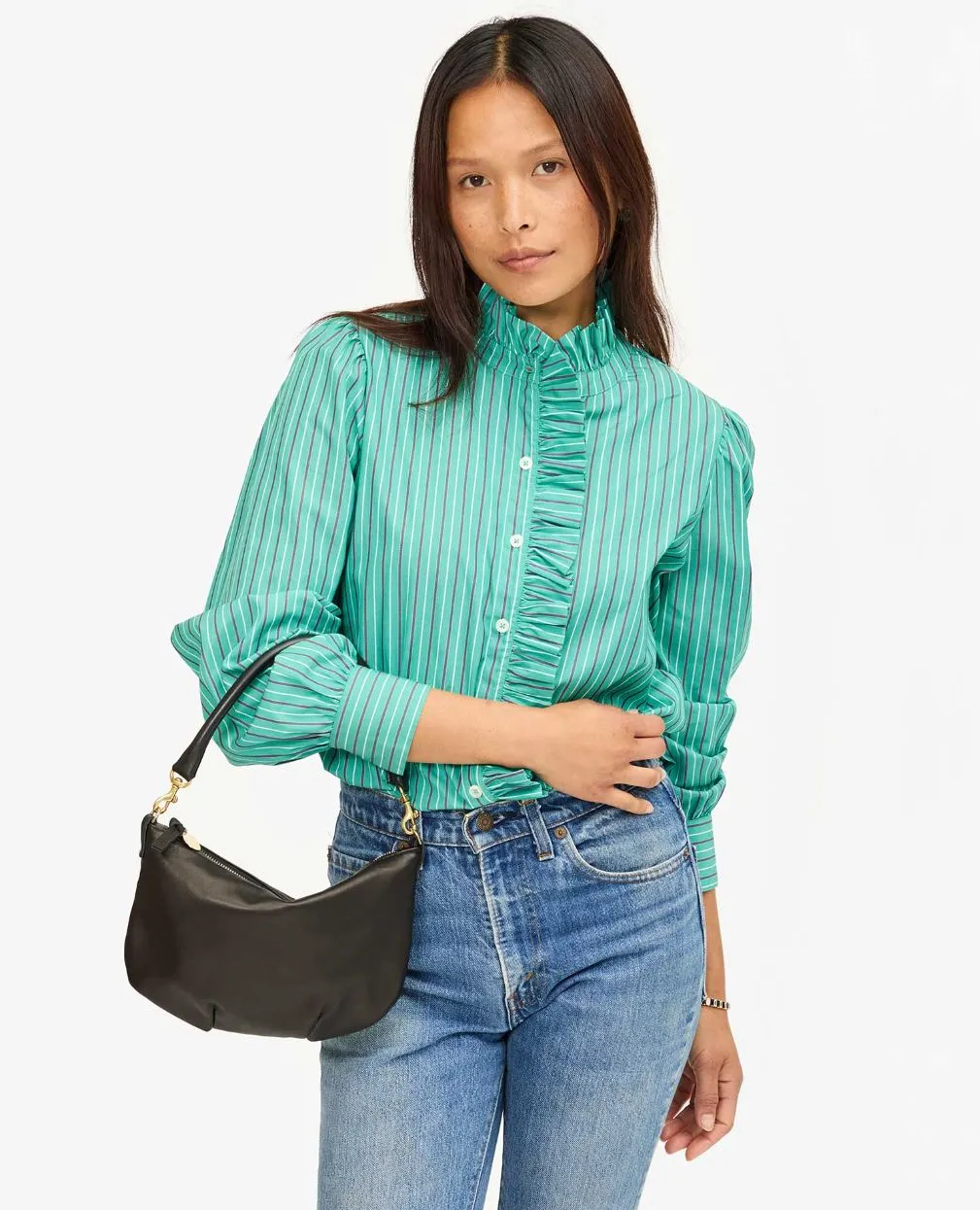 Clare V Petit Moyen Messenger in Black Italian Napa