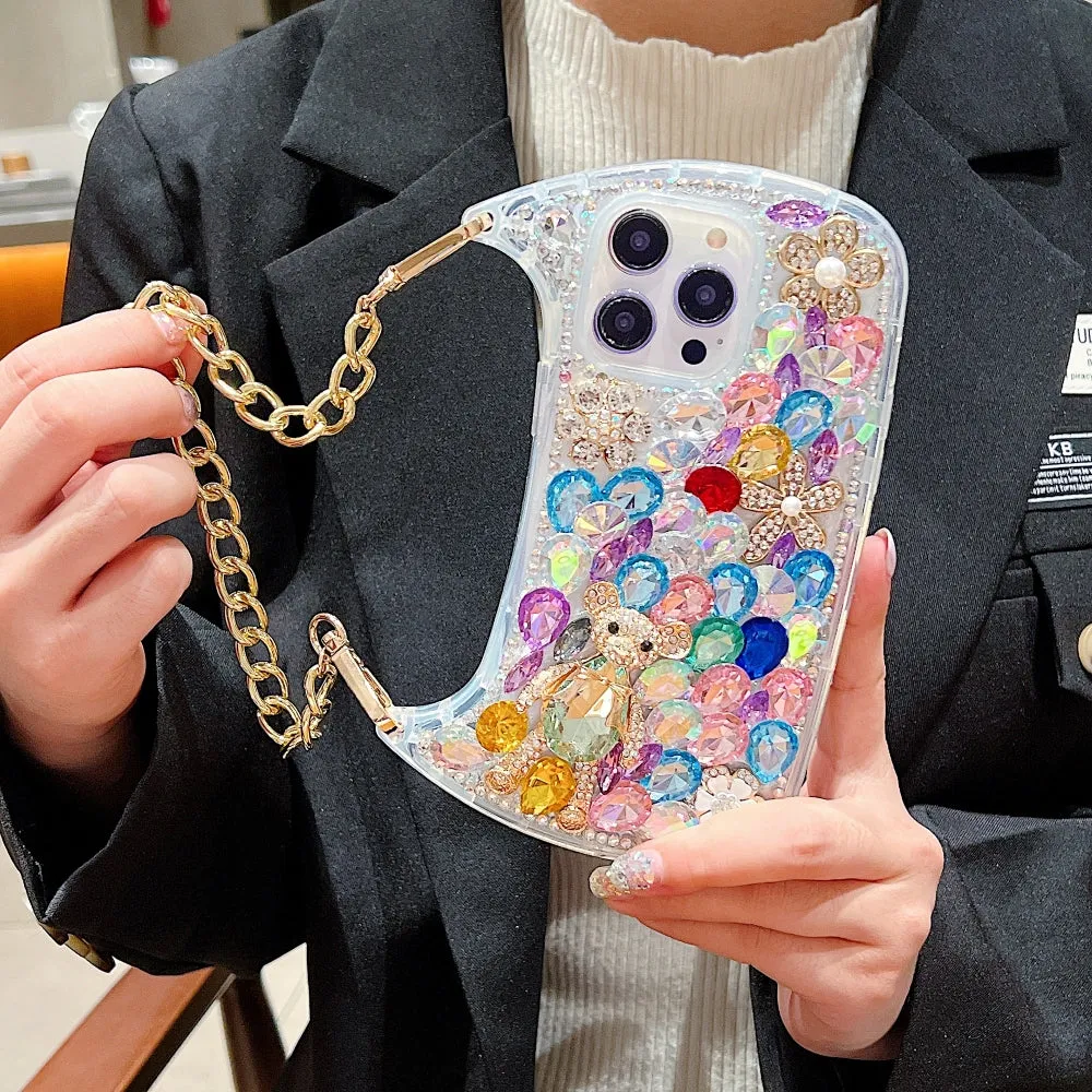 Colorful Diamond Phone Case With Metal Chain Strap - iPhone 15 Plus