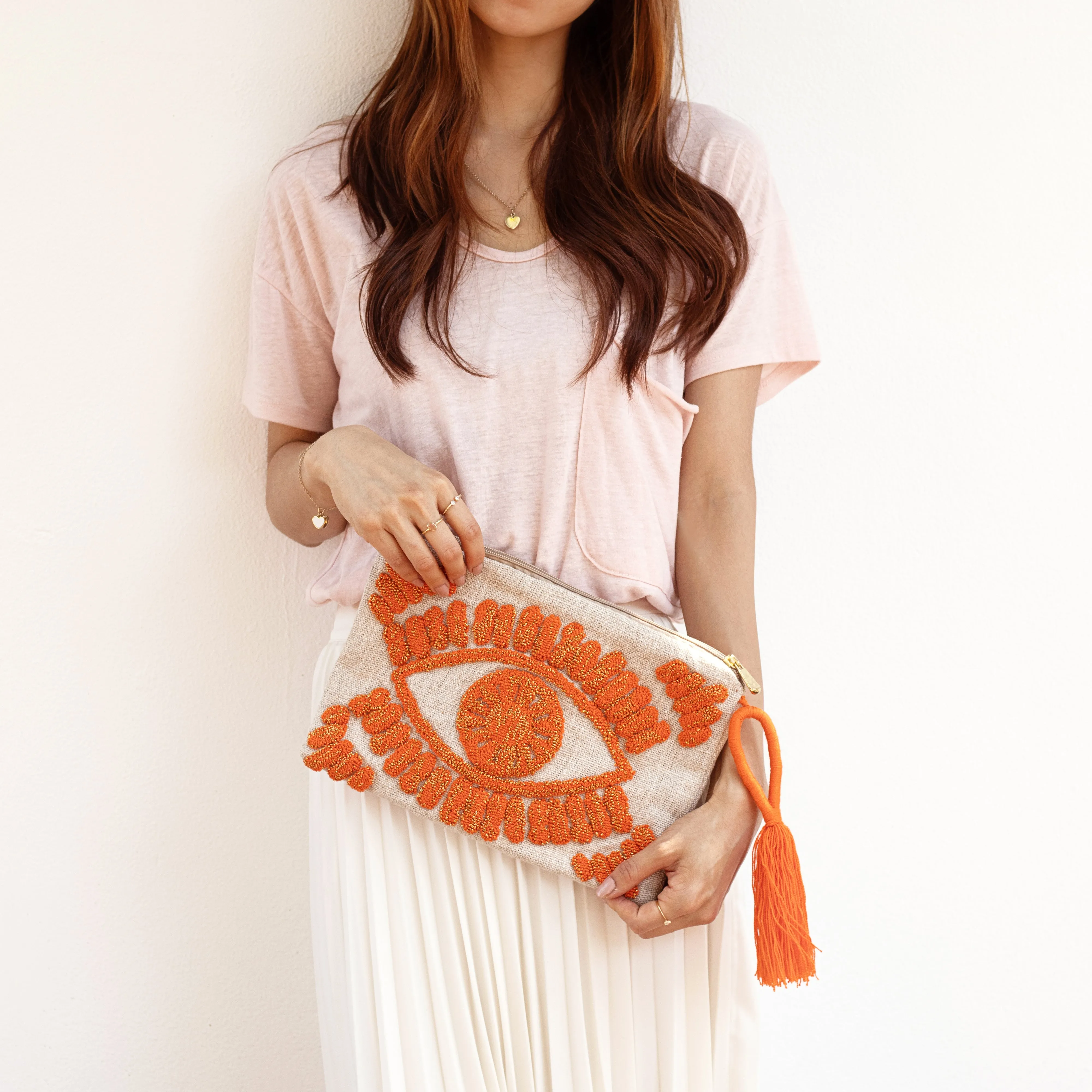 Evil eye linen clutch bag