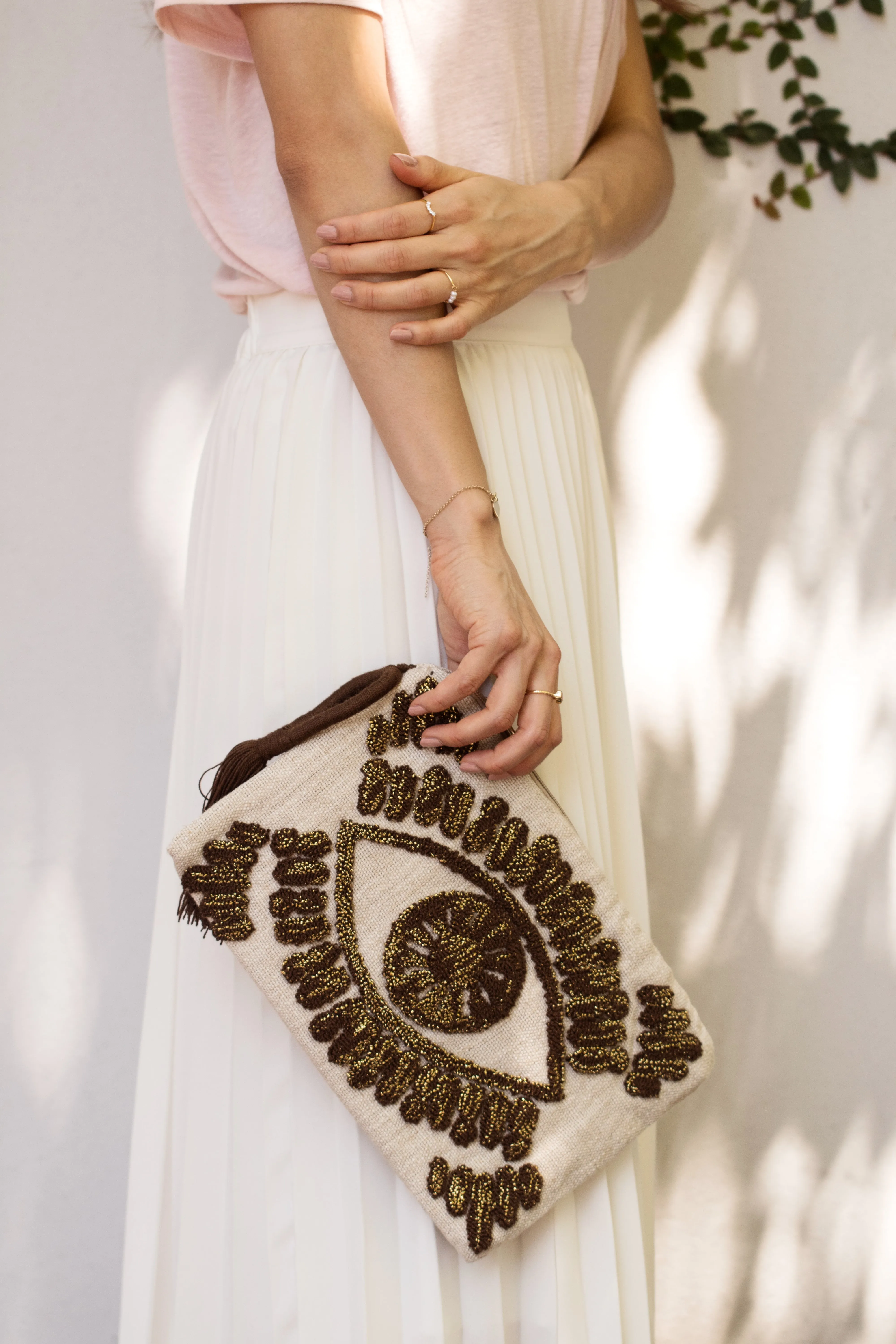 Evil eye linen clutch bag