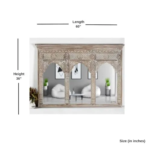 FUSION FURNITURE Solid Mango Wooden Carved Antique Mirror Frame | Rectangular Wall Hanging Mirror Frame | Wooden Mirror Jharokha, Distress Brown Finish, (90L x 150W Centimeters)