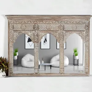 FUSION FURNITURE Solid Mango Wooden Carved Antique Mirror Frame | Rectangular Wall Hanging Mirror Frame | Wooden Mirror Jharokha, Distress Brown Finish, (90L x 150W Centimeters)