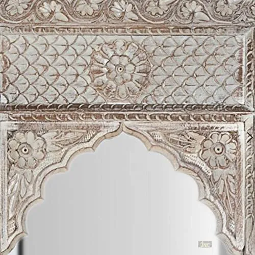 FUSION FURNITURE Solid Mango Wooden Carved Antique Mirror Frame | Rectangular Wall Hanging Mirror Frame | Wooden Mirror Jharokha, Distress Brown Finish, (90L x 150W Centimeters)