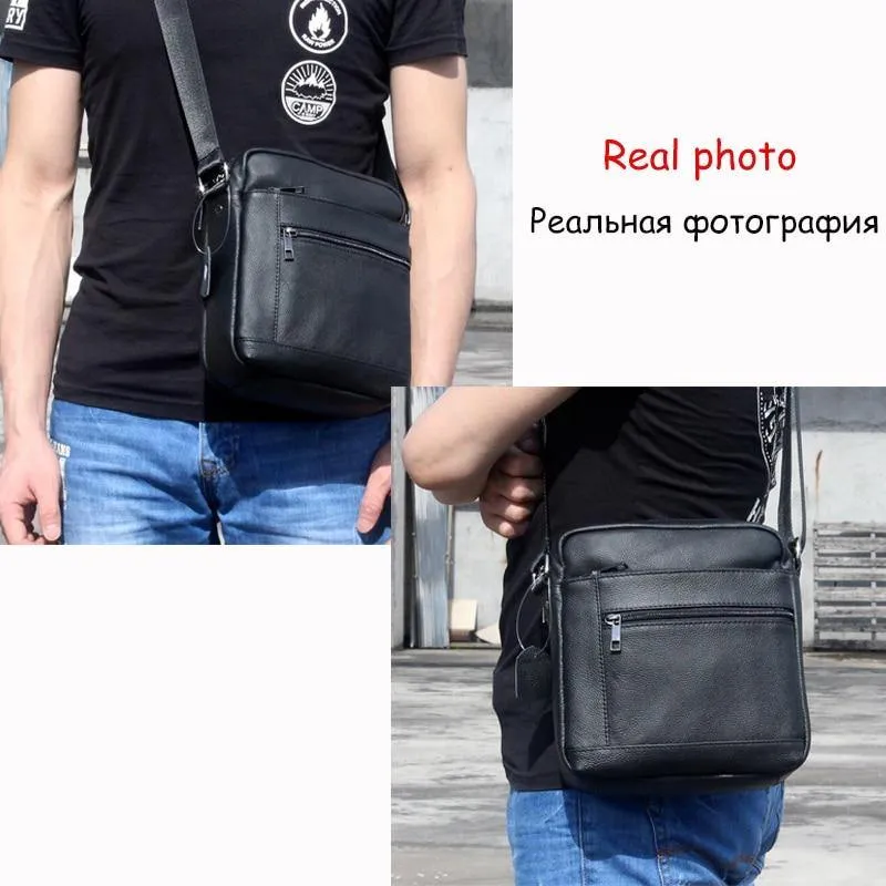 Genuine Leathe Men's Shoulder Bags Small Men's Flap Messenger Bag Black Crossbody Bags W03