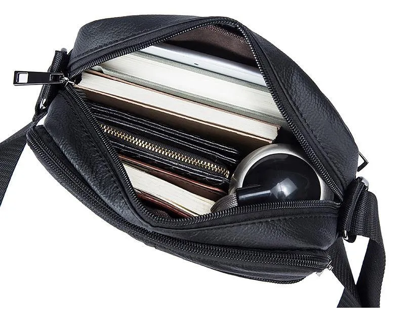 Genuine Leathe Men's Shoulder Bags Small Men's Flap Messenger Bag Black Crossbody Bags W03