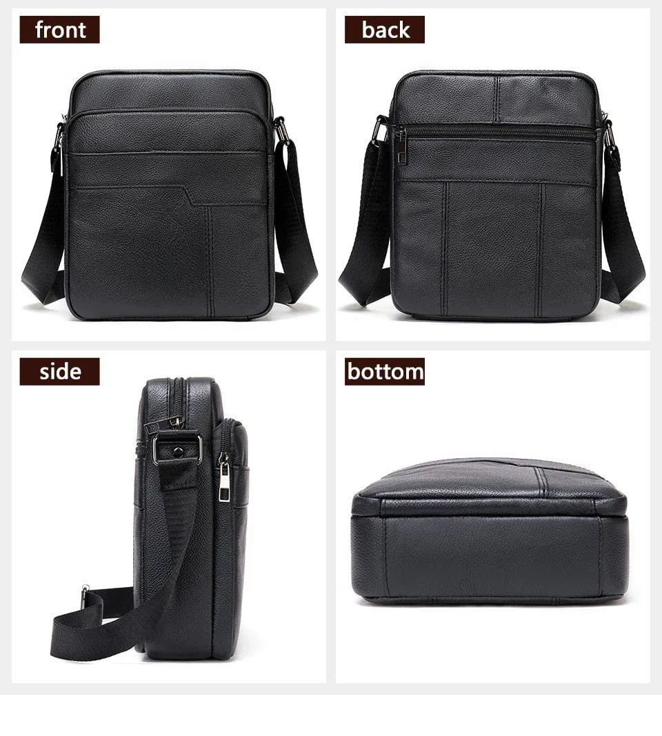 Genuine Leathe Men's Shoulder Bags Small Men's Flap Messenger Bag Black Crossbody Bags W03