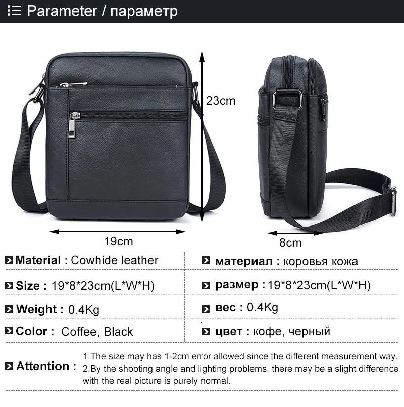 Genuine Leathe Men's Shoulder Bags Small Men's Flap Messenger Bag Black Crossbody Bags W03