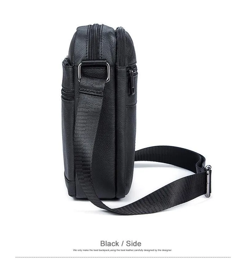 Genuine Leathe Men's Shoulder Bags Small Men's Flap Messenger Bag Black Crossbody Bags W03