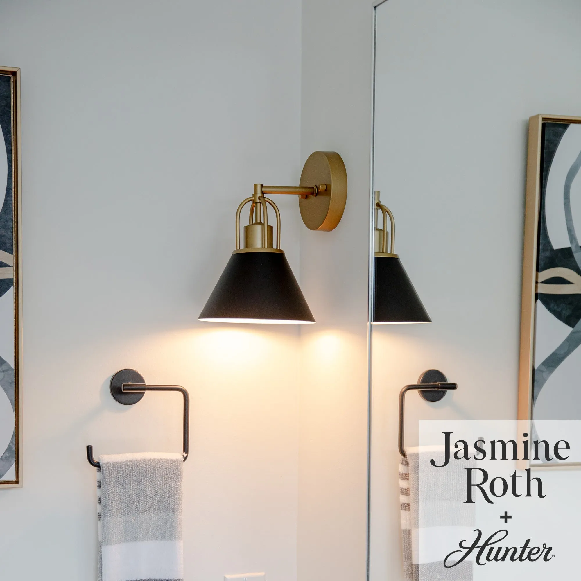 Hunter Carrington Isle Flat Matte Black and Luxe Gold 1 Light Sconce Wall Light Fixture - Jasmine Roth Collection