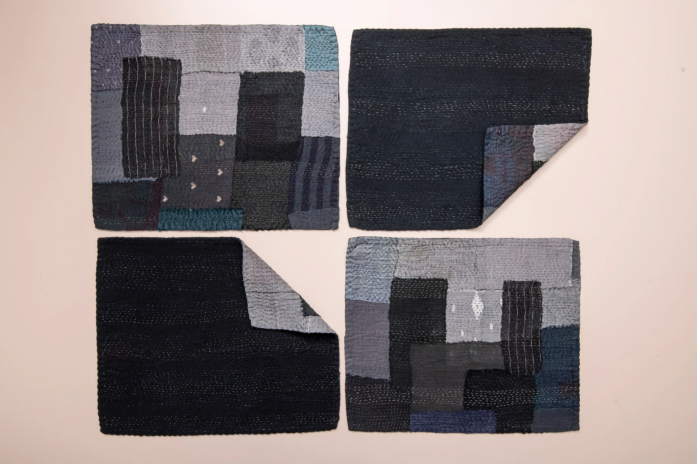 Landscape Handmade Vintage Kantha Placemat -Black -