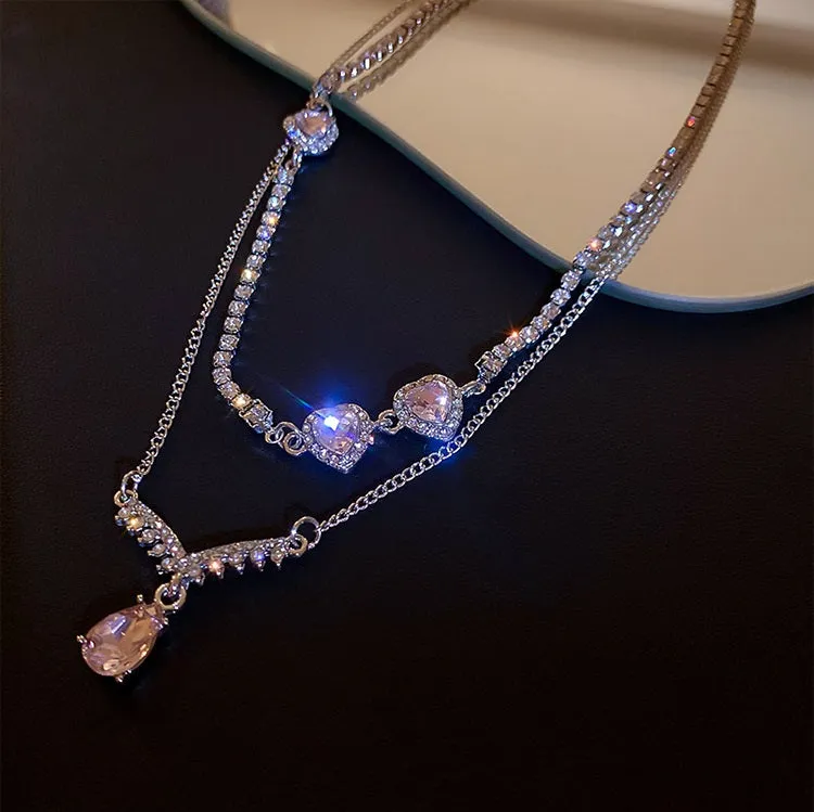 Luxury Pretty Girl Love Heart Crystal Double Chain Necklace