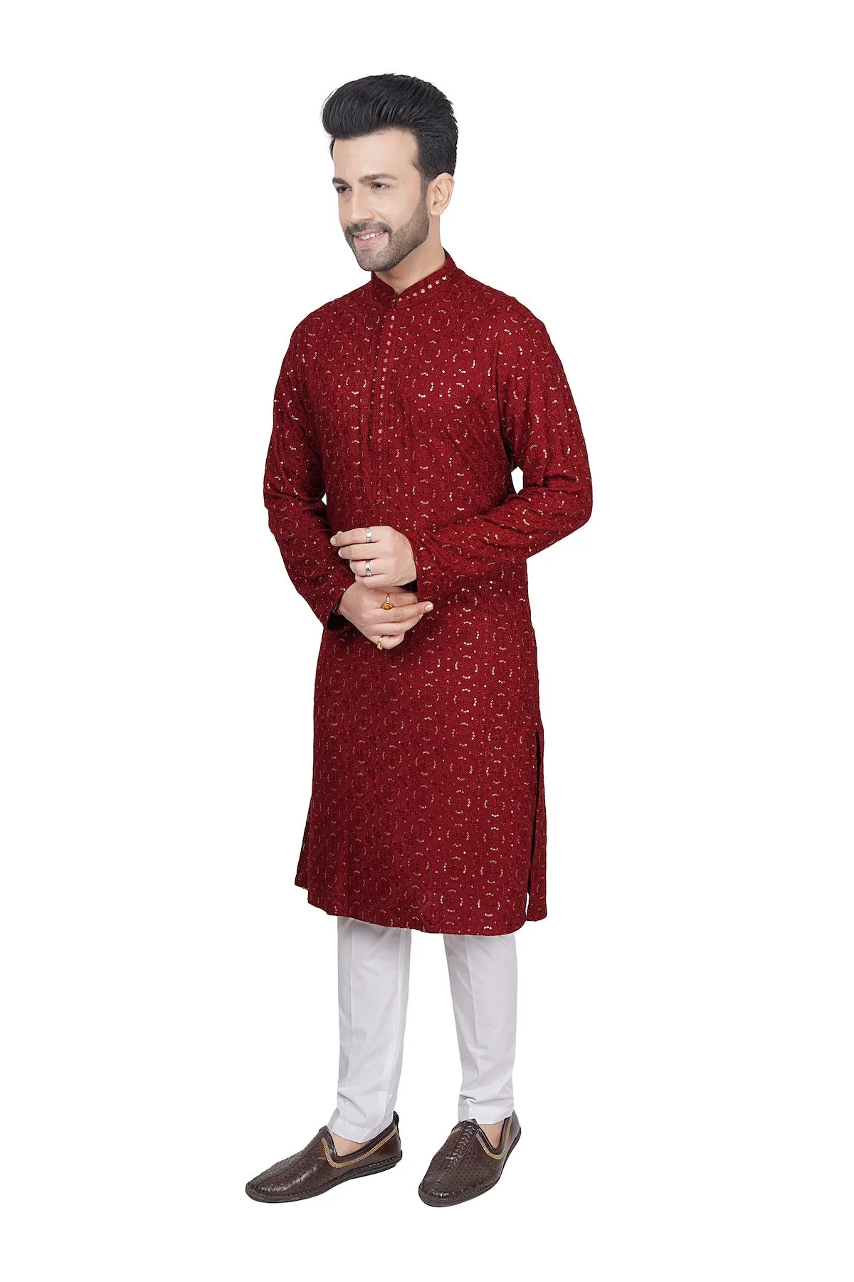 Maroon embroidered mens kurta