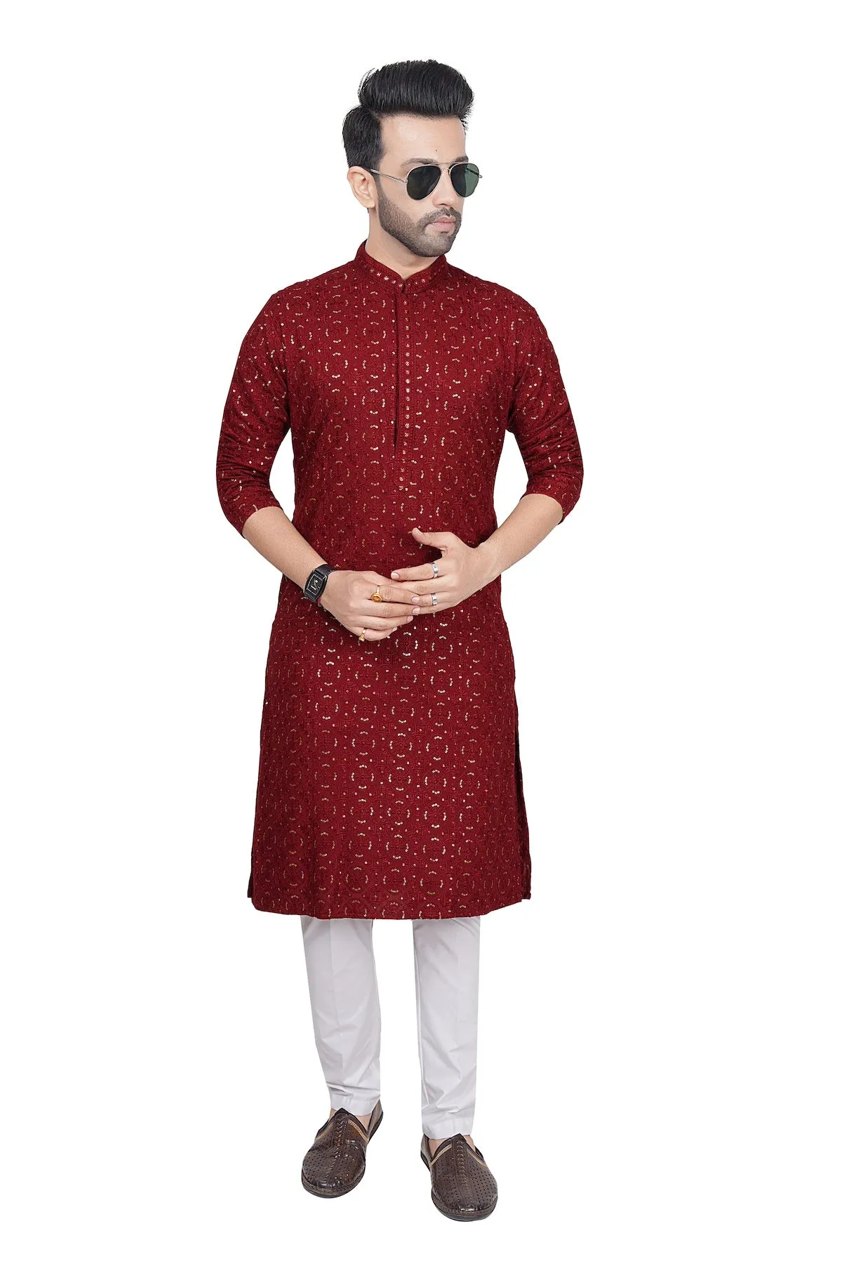 Maroon embroidered mens kurta