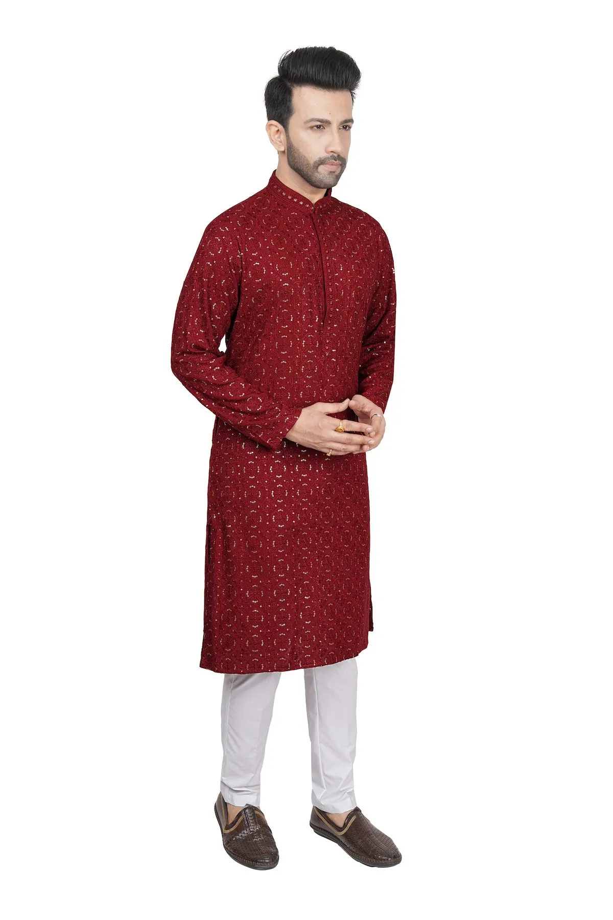 Maroon embroidered mens kurta
