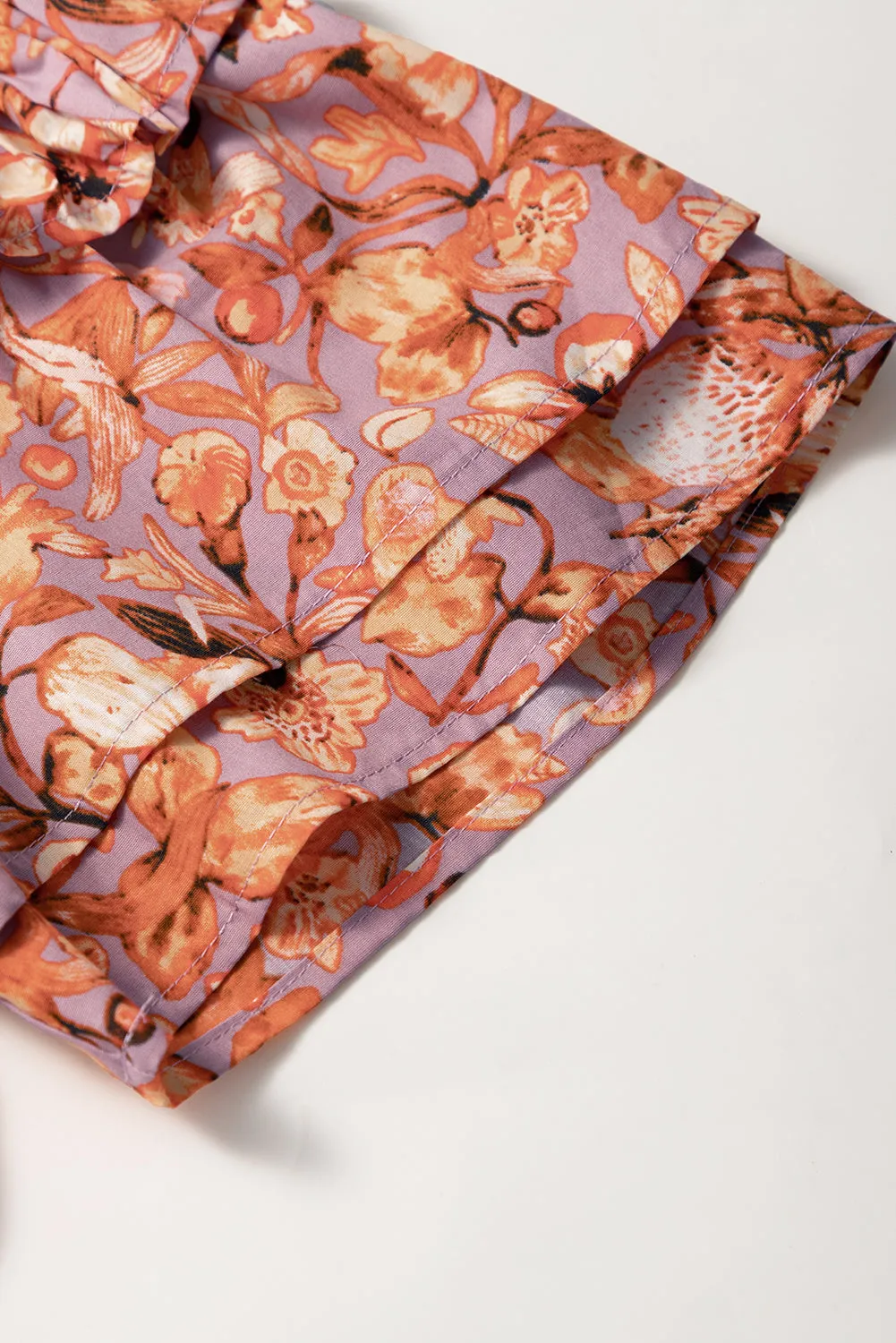 Orange Floral Print Ruffled Flutter Sleeve Frilled V Neck Blouse