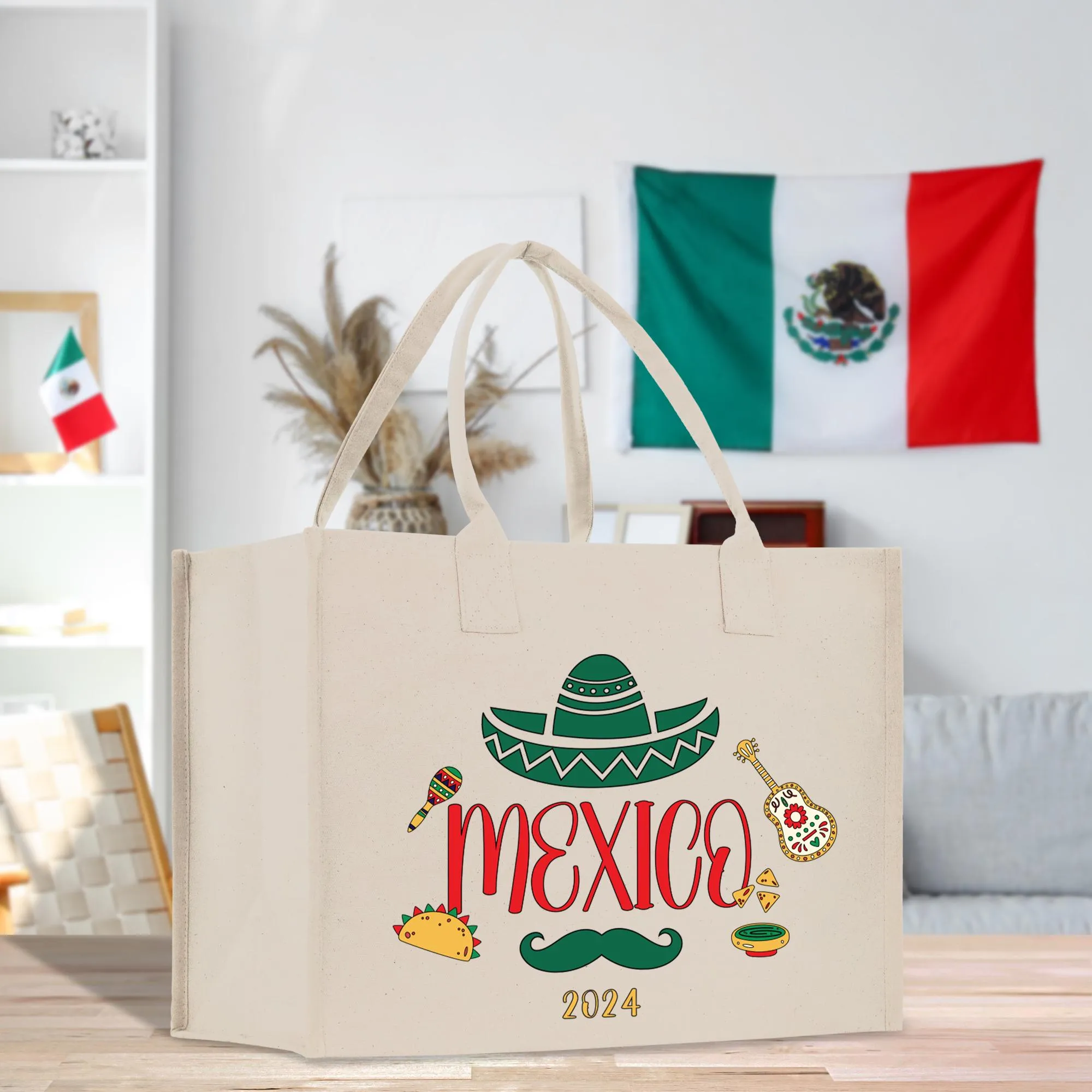 Personalized Year Mexico Cotton Canvas Tote Bag Custom Cancun Trip Bag Mexico Wedding Welcome Bag Party Favor Bags (MXTB1012)