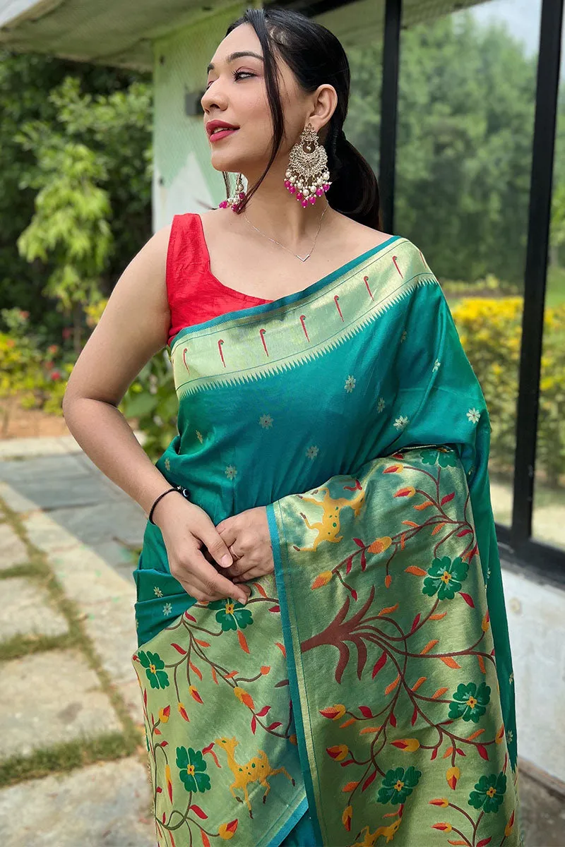 Rhapsody Rama Paithani Silk Saree With Resplendent Blouse Piece