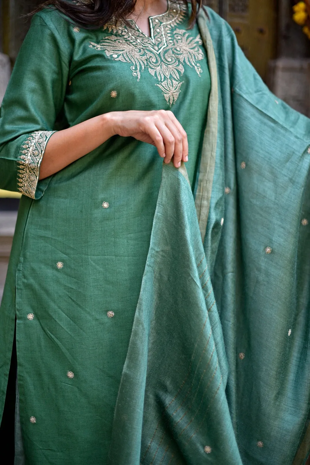 Sitara Green Embroidered Munga Silk Kurta Bottom Dupatta Set | Ray-ethnic
