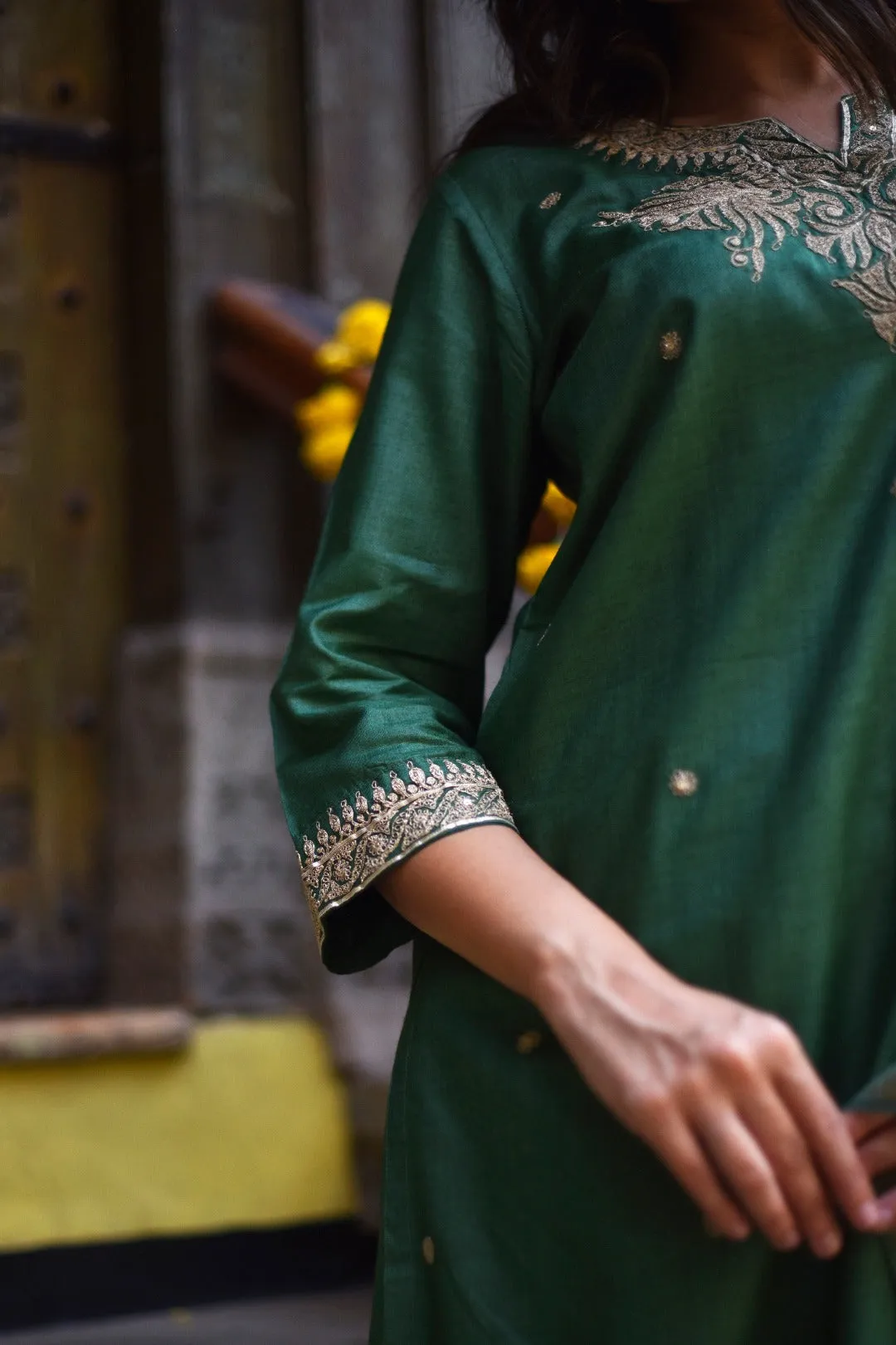 Sitara Green Embroidered Munga Silk Kurta Bottom Dupatta Set | Ray-ethnic