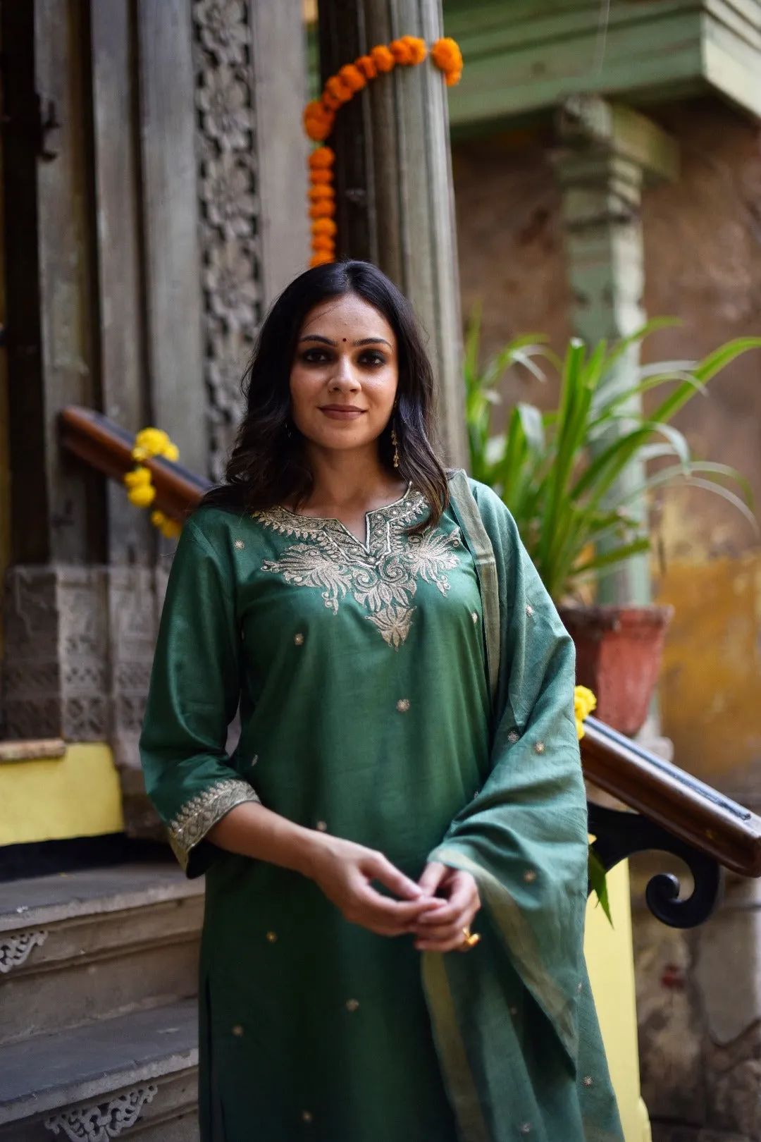 Sitara Green Embroidered Munga Silk Kurta Bottom Dupatta Set | Ray-ethnic
