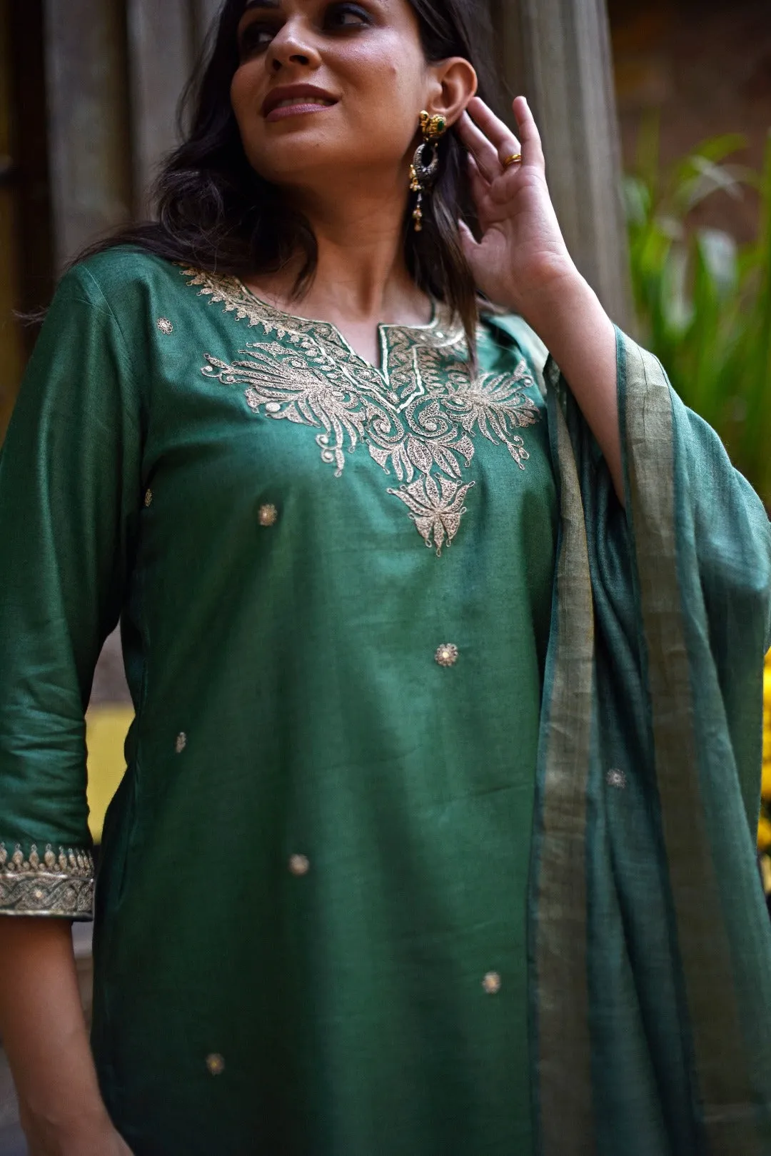 Sitara Green Embroidered Munga Silk Kurta Bottom Dupatta Set | Ray-ethnic