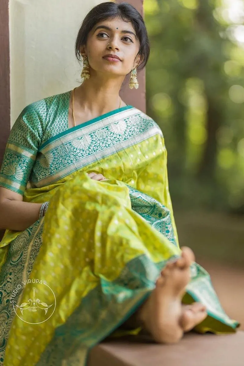 Staggering Parrot Soft Silk Saree With Resplendent Blouse Piece