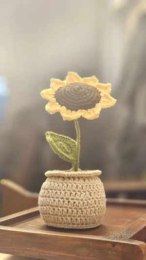 Sunflower pot Crochet- handmade crochet flowers for home decor, table decor and car dashboard decor.
