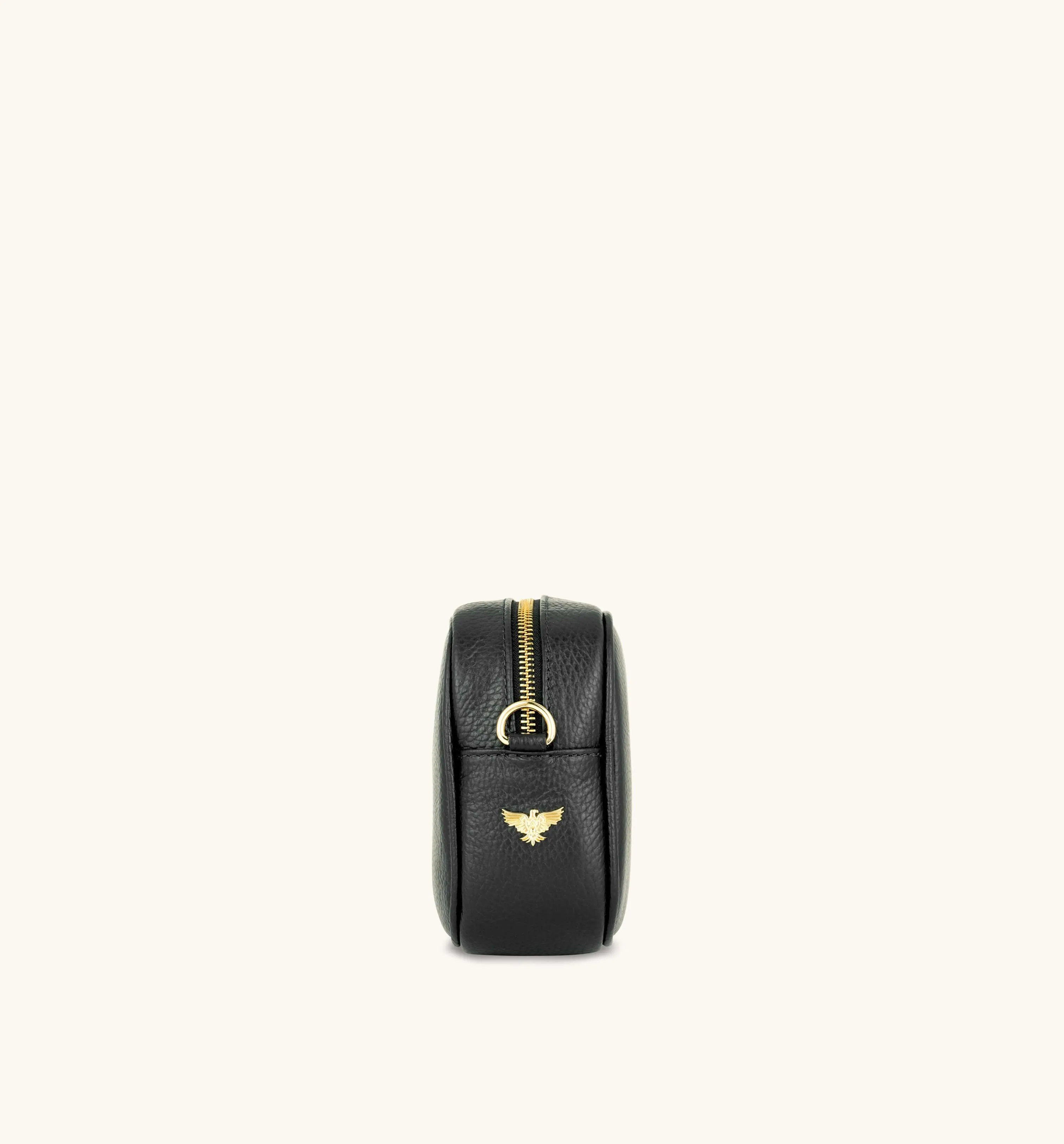 The Tassel Black Leather Crossbody Bag With Black & Gold Chevron Strap