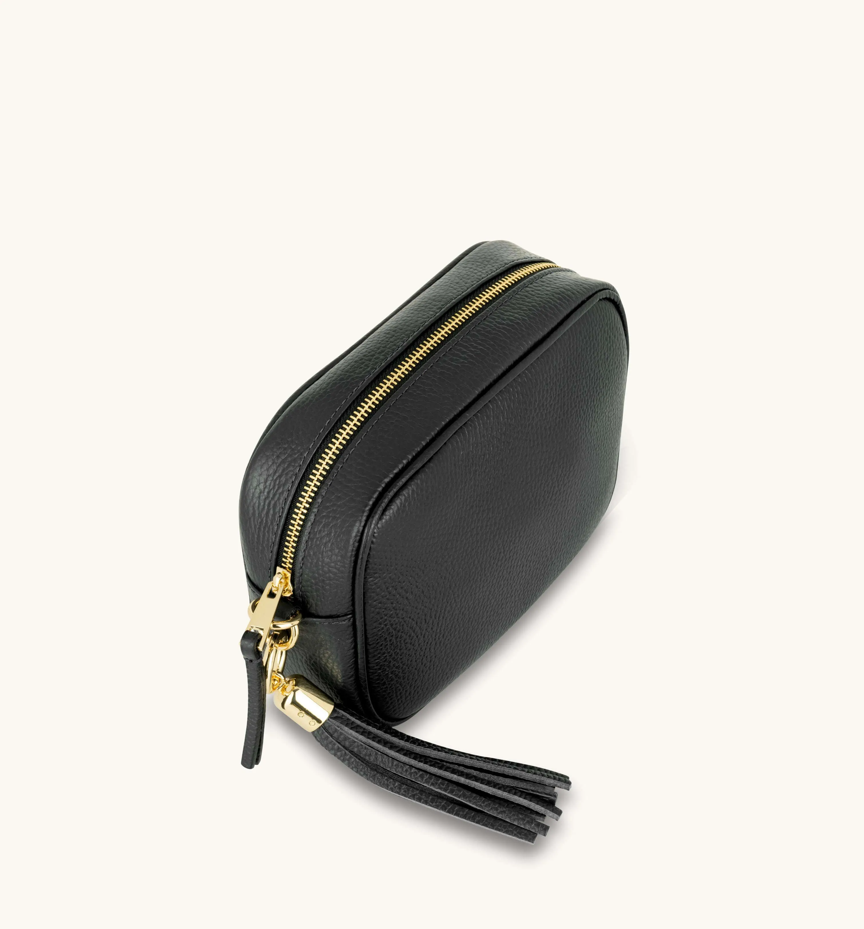 The Tassel Black Leather Crossbody Bag With Black & Gold Chevron Strap