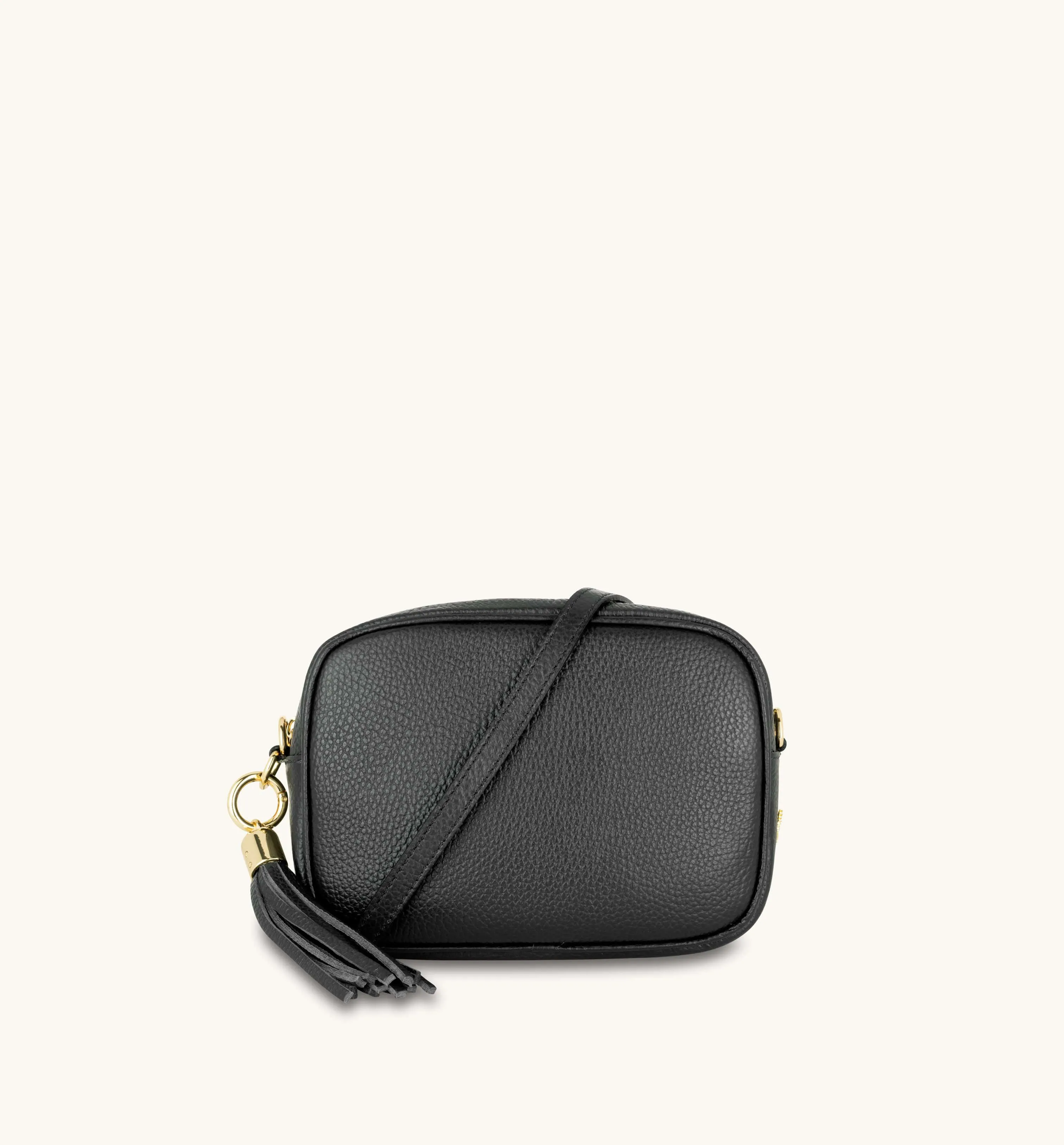 The Tassel Black Leather Crossbody Bag With Black & Gold Chevron Strap
