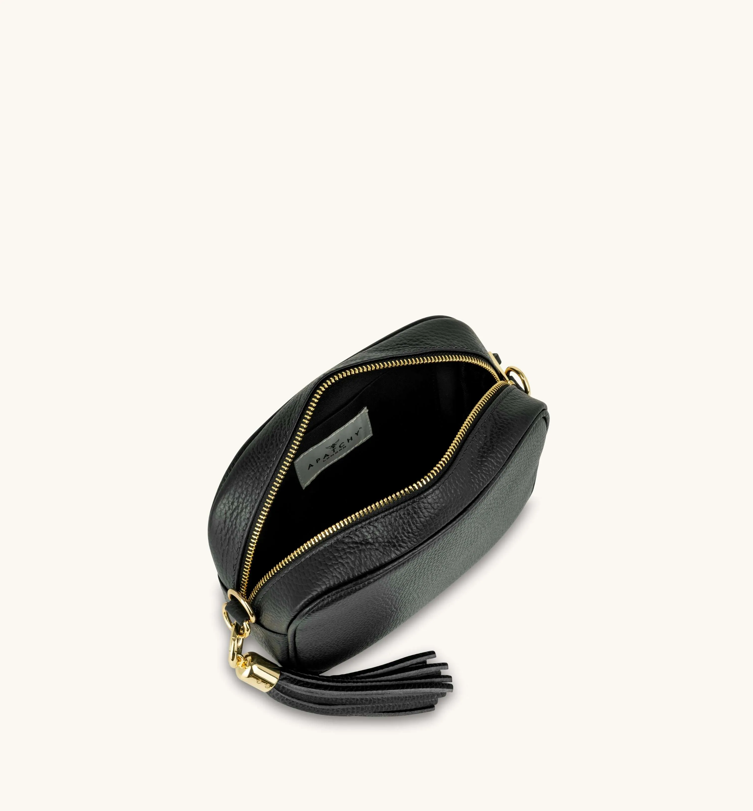 The Tassel Black Leather Crossbody Bag With Black & Gold Chevron Strap