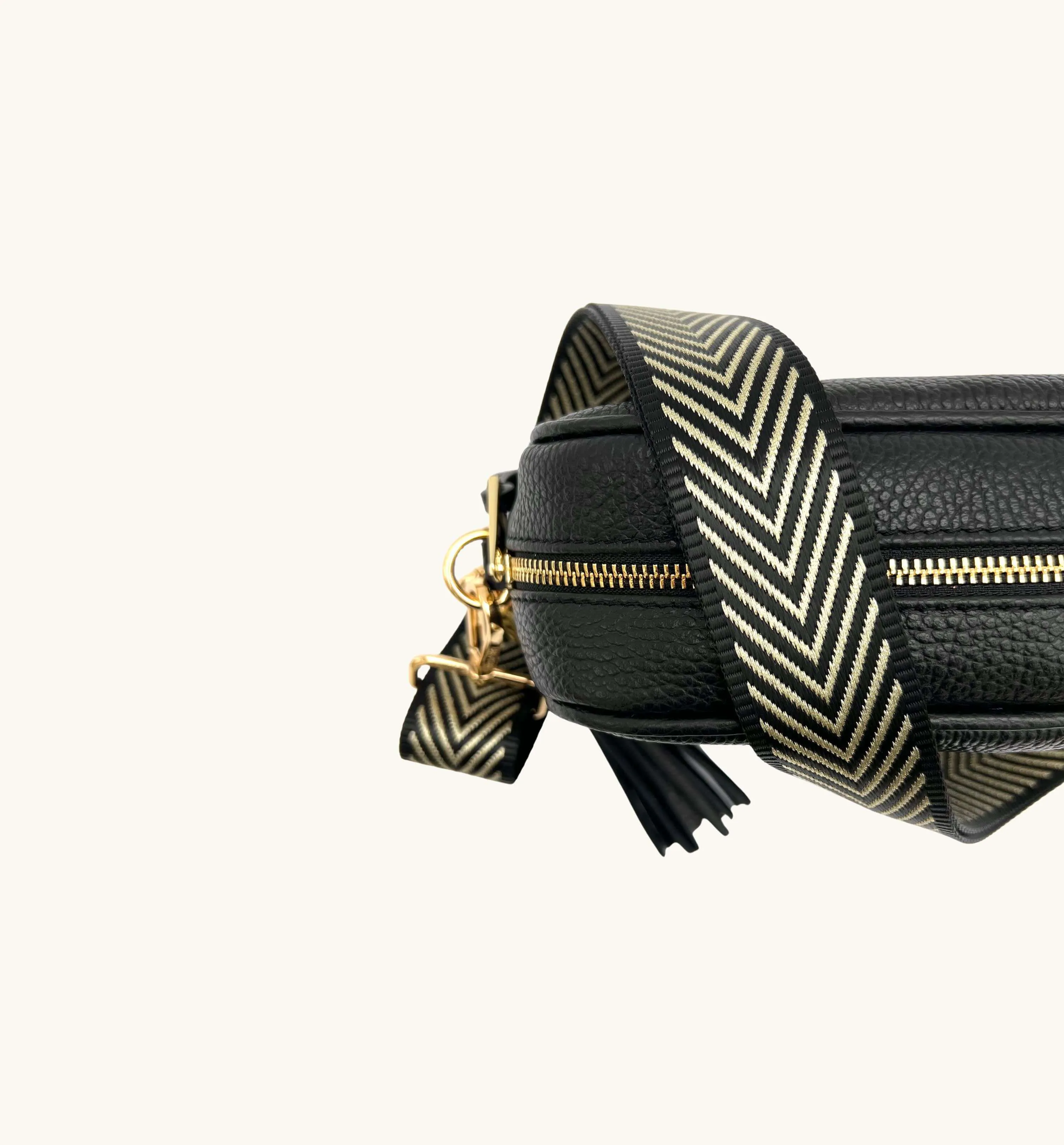 The Tassel Black Leather Crossbody Bag With Black & Gold Chevron Strap