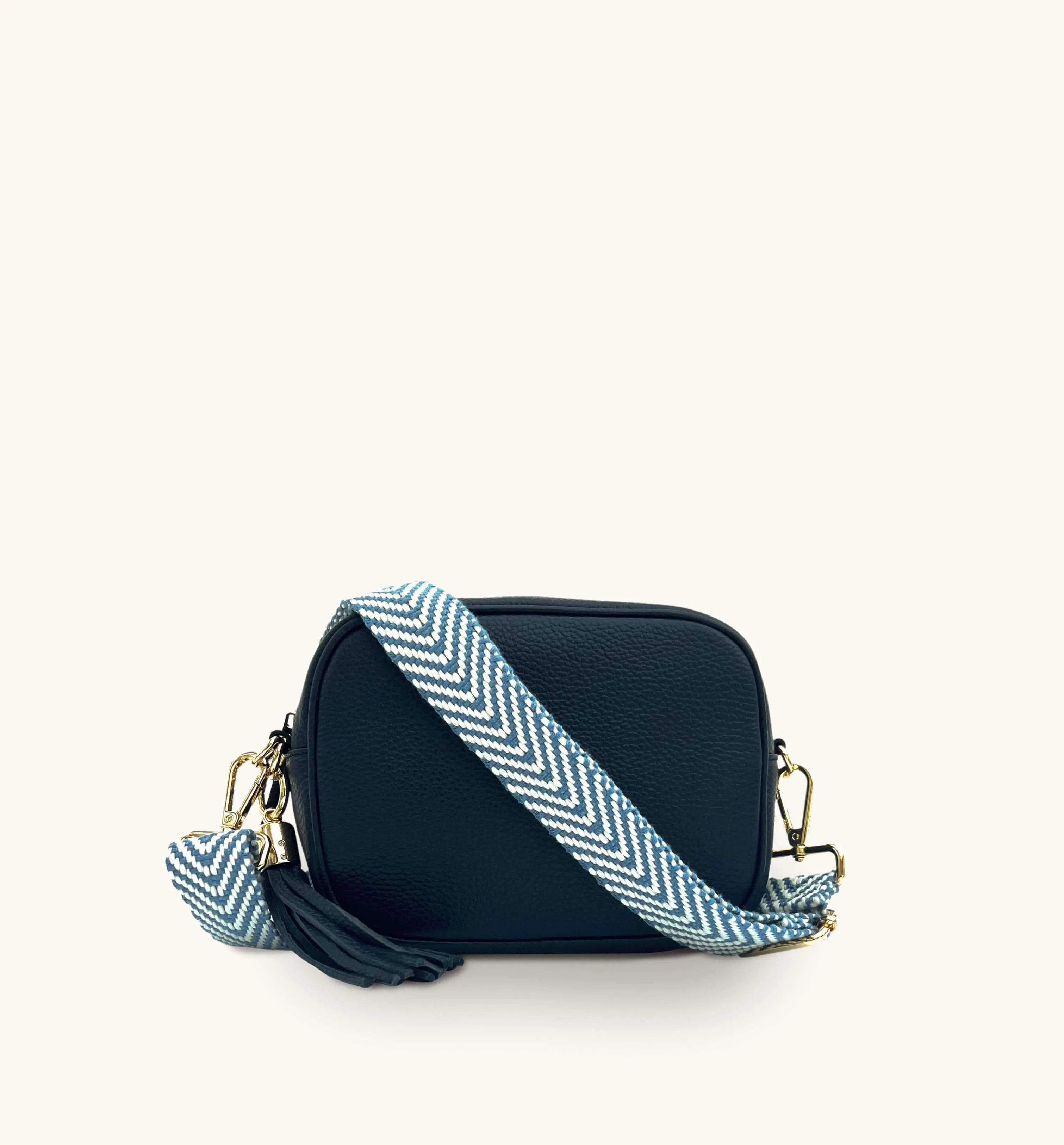 The Tassel Navy Leather Crossbody Bag With Denim Blue Chevron Strap