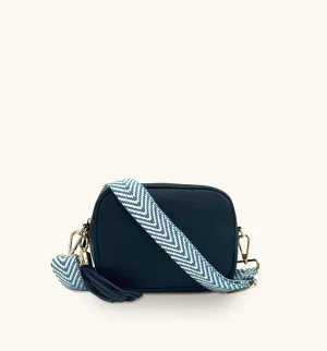 The Tassel Navy Leather Crossbody Bag With Denim Blue Chevron Strap