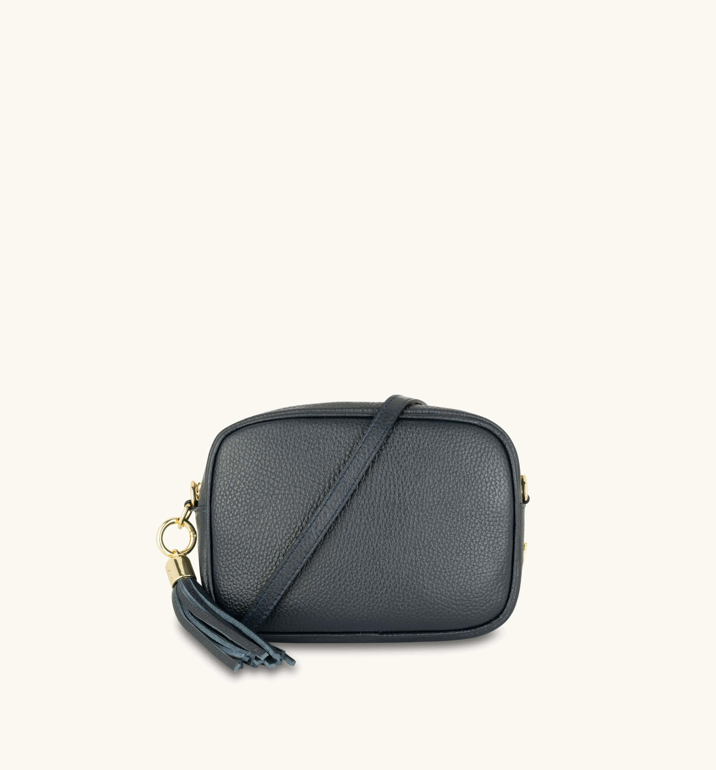 The Tassel Navy Leather Crossbody Bag With Denim Blue Chevron Strap