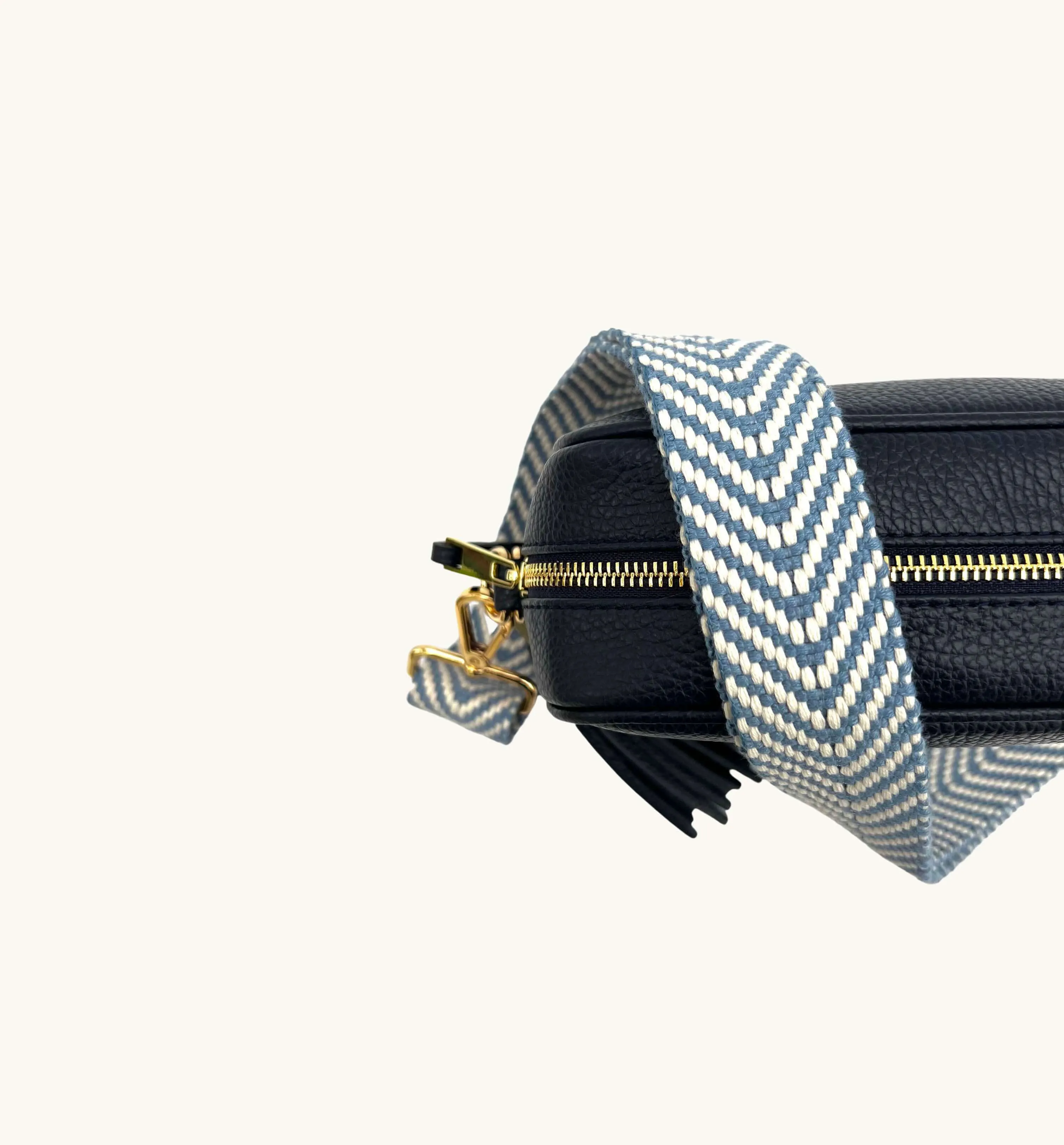 The Tassel Navy Leather Crossbody Bag With Denim Blue Chevron Strap
