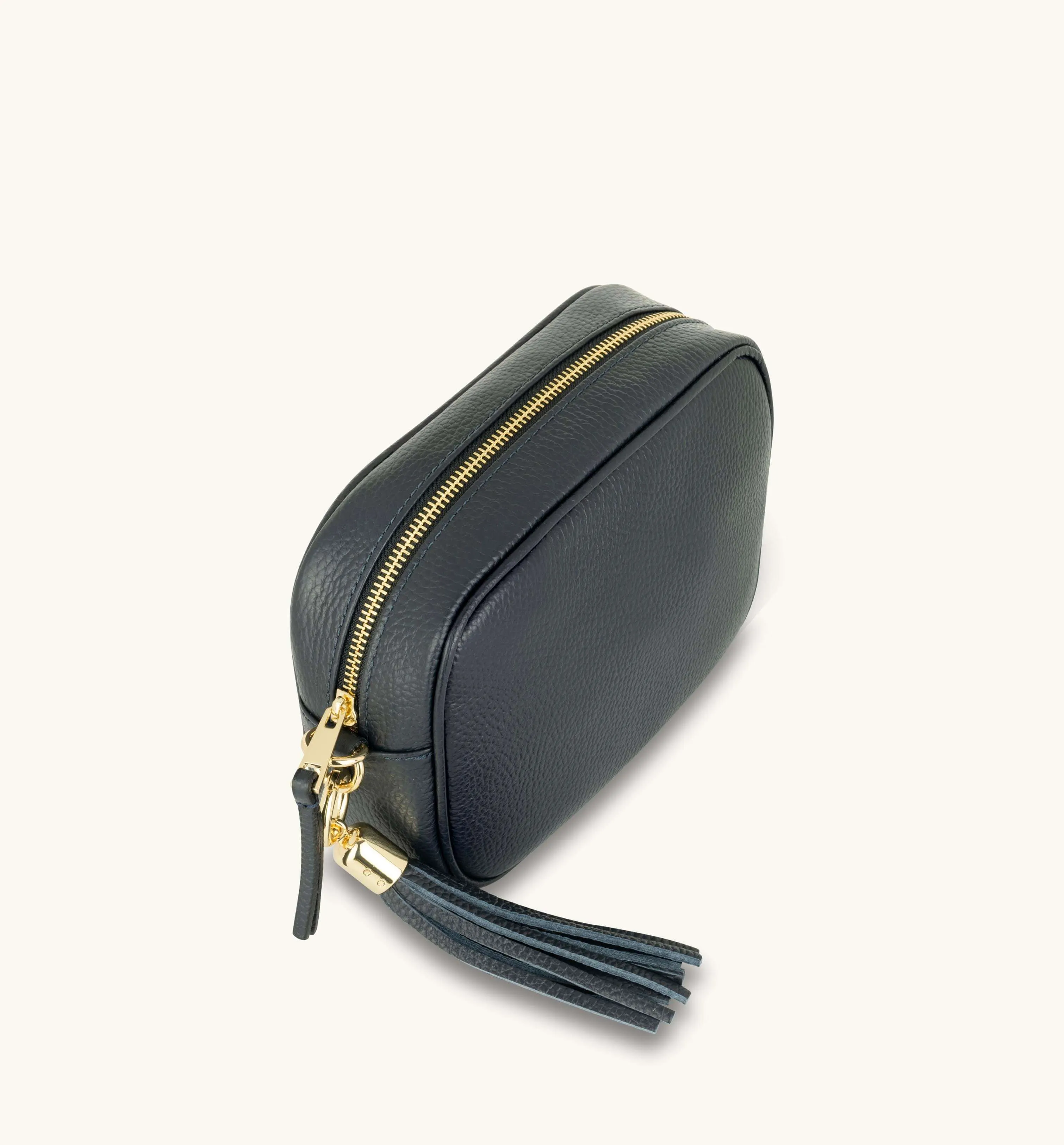 The Tassel Navy Leather Crossbody Bag With Denim Blue Chevron Strap